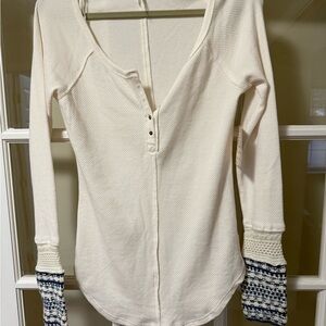 Free People Cream and Blue Long Sleeve Top